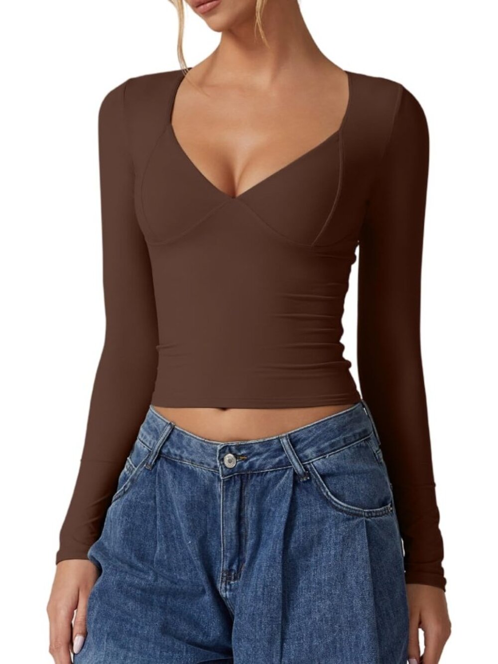 Women's Coffee Bean V Neck Crop Top Long Sleeve Double Lined Seamed Cup Tee Seam